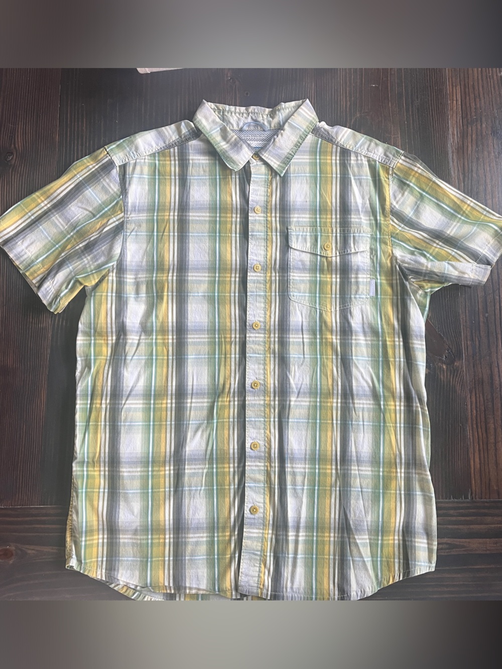 Columbia Men's Short Sleeve Plaid Button-Down Shirt - Green/Yellow/Gray